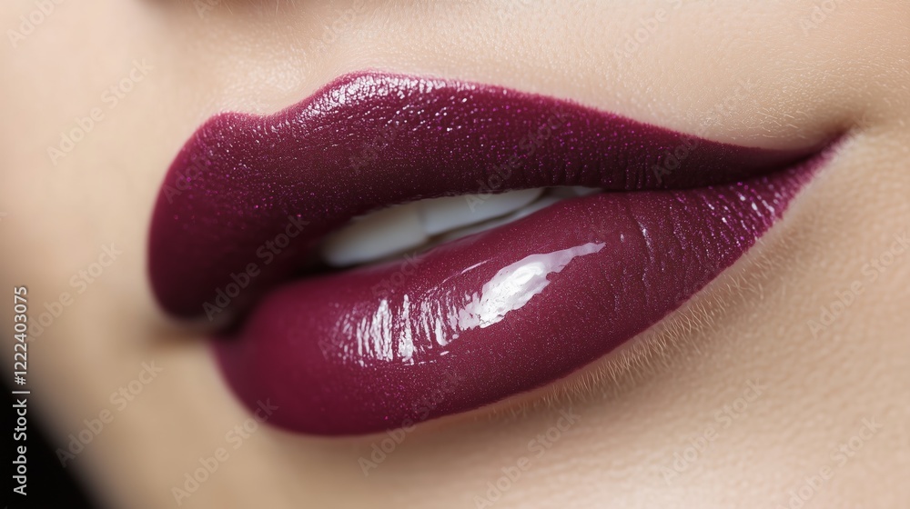 Obraz premium Close-up of glossy female lips painted vibrantly with lipstick. AI generated