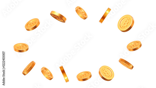 3d flying gold Bitcoins on white isolated background. Cryptocurrency, electronic payments and blockchain. Precious expensive treasure. Stock vector illustration.