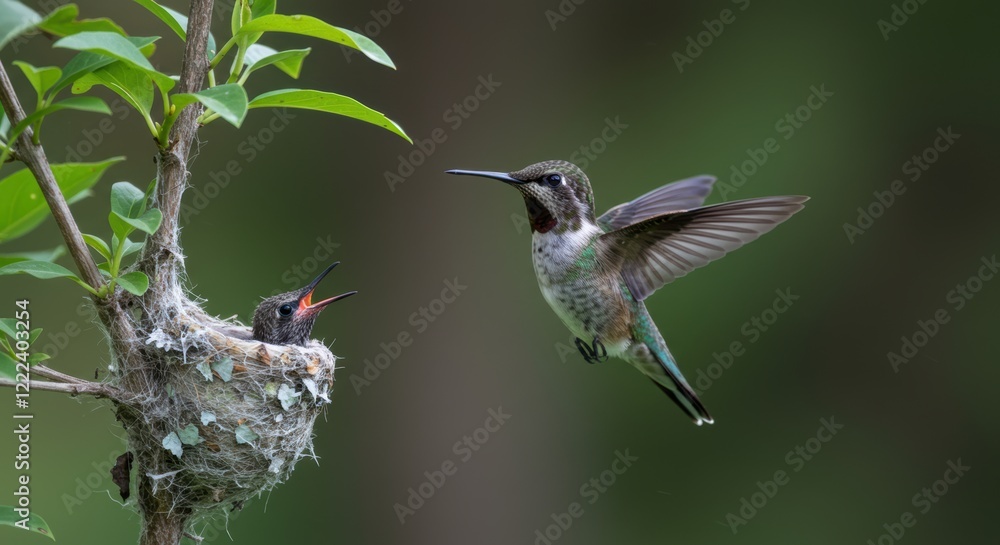 Obraz premium Hummingbird feeding chick in intricate nest amid lush greenery
