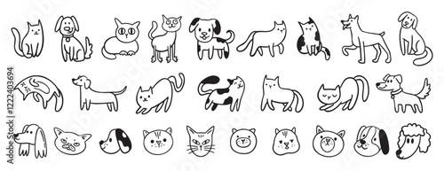 cute dogs and cats doodle hand drawn icon set. Sitting, standing. Outline drawing cats and dogs faces line clipart symbol collection