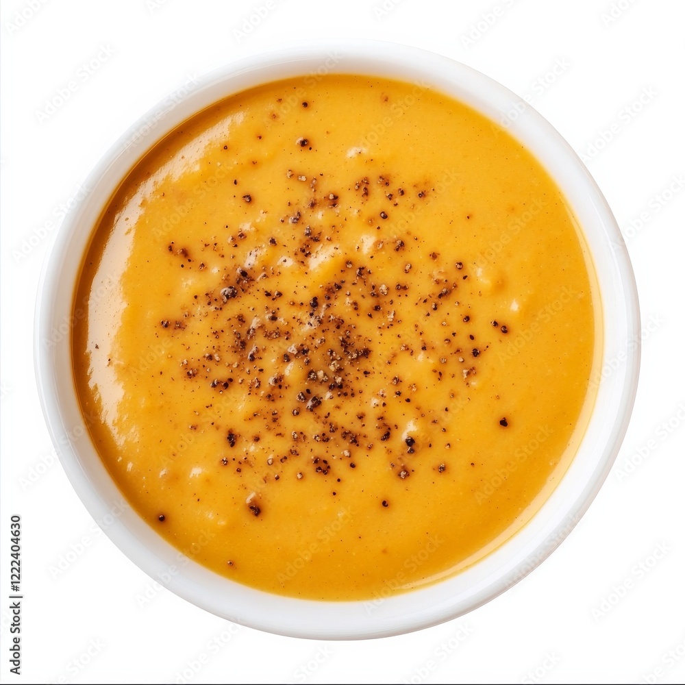 A bowl of creamy pumpkin soup with a sprinkle of nutmeg, isolated white background, modern art style A bowl of creamy pumpkin soup with a sprinkle of nutmeg, isolated white background, modern art style