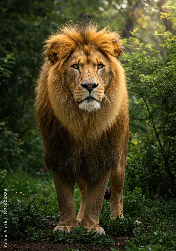Majestic lion standing in lush green forest captured in natural light Majestic lion standing in lush green forest captured in natural light