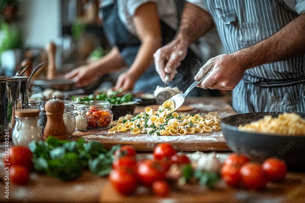 Close-up of chefs preparing fresh pasta with herbs, vegetables, and spices in a rustic kitchen setting. Close-up of chefs preparing fresh pasta with herbs, vegetables, and spices in a rustic kitchen setting.