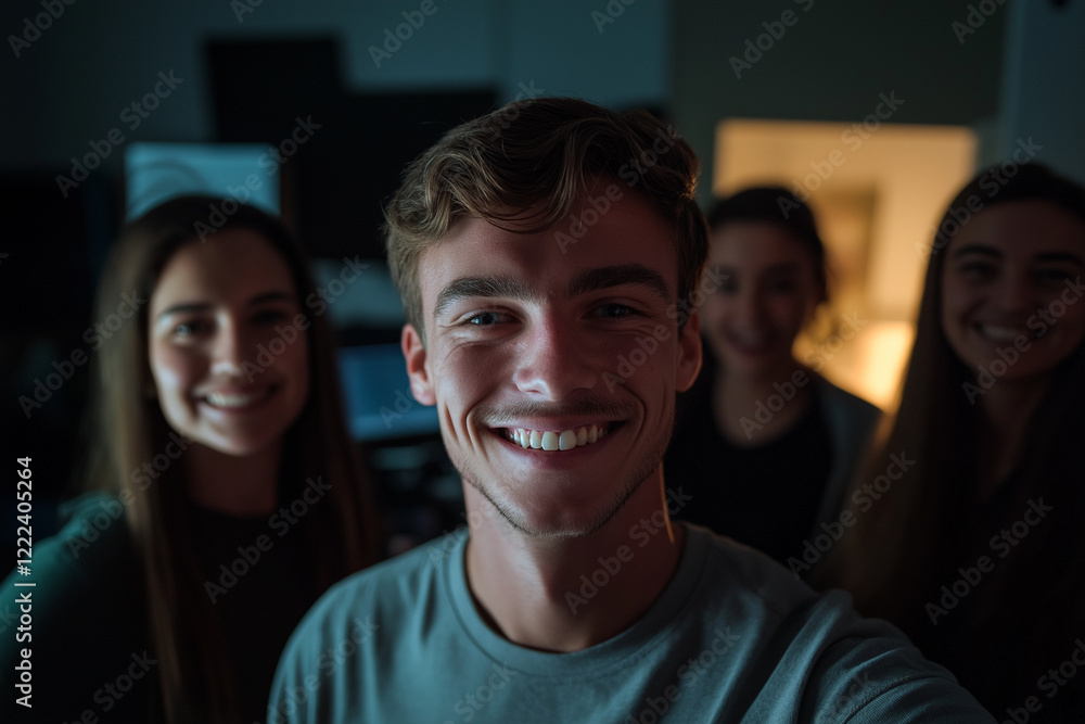 Obraz premium photo of a team of young business men women working in teamwork on their computer in an office smiling into the camera