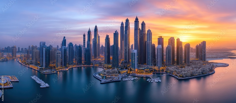 Obraz premium Stunning sunrise over modern cityscape with harbor.