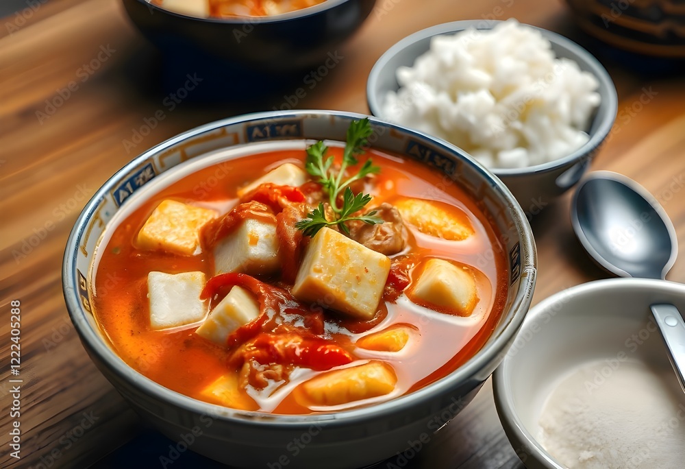 A Bowl Of Korean Kimchi Stew With Tofu, Pork, And Spicy Fermented Kimchi, Served With A Side Of Rice