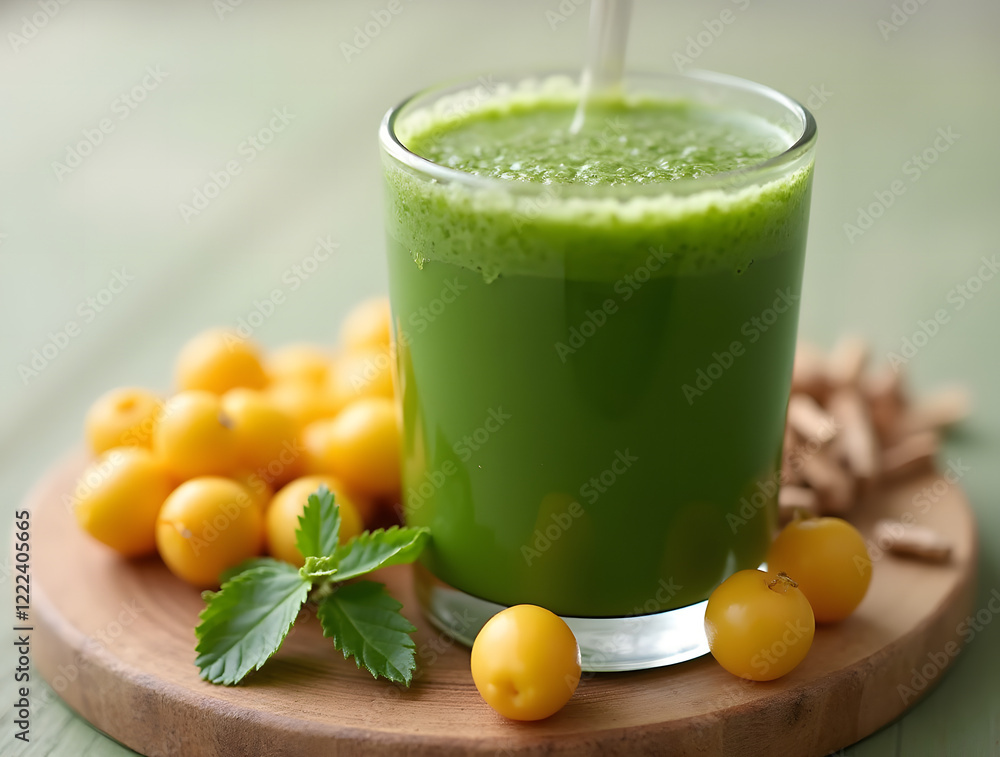Glass of detox nutrients: green juice with small fruits on a wooden board. Glass of detox nutrients: green juice with small fruits on a wooden board.