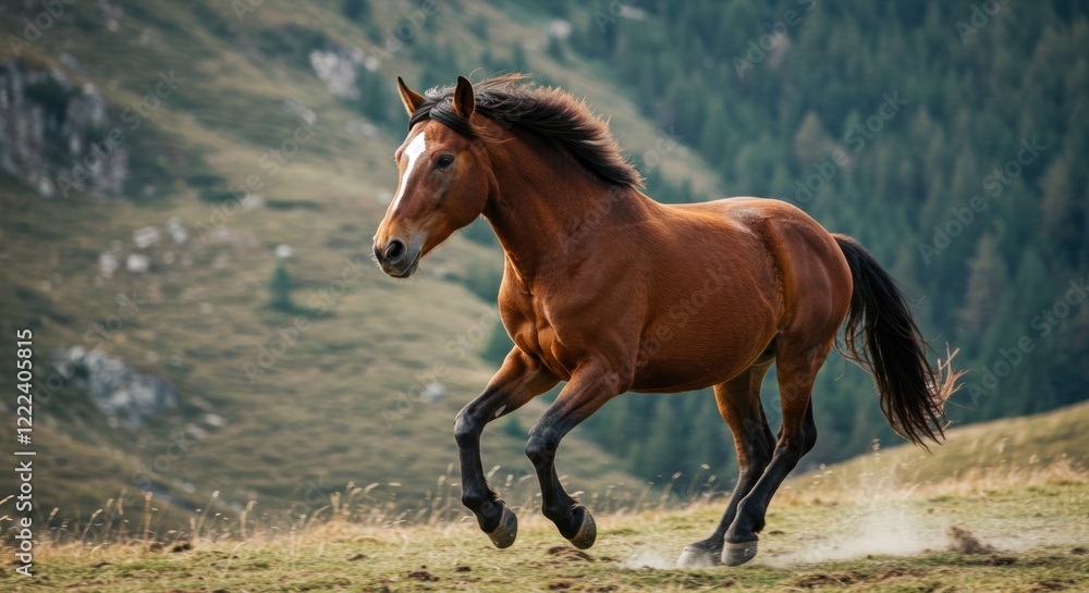 Majestic brown horse galloping freely in open mountain landscape Majestic brown horse galloping freely in open mountain landscape