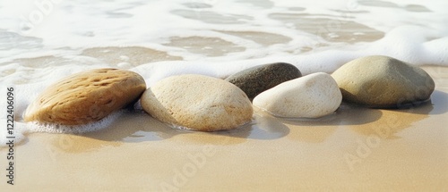 Smooth stones on sandy shore meet gentle wave embrace, harmonizing natural textures and soothing simplicity in coastal serenity.