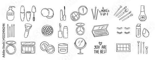 make up beauty doodle hand drawn icon set. Outline drawing cosmetics line clipart symbol