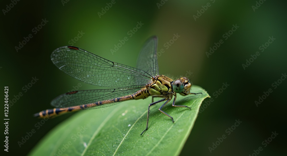Detailed dragonfly resting on leaf amidst lush green background Detailed dragonfly resting on leaf amidst lush green background