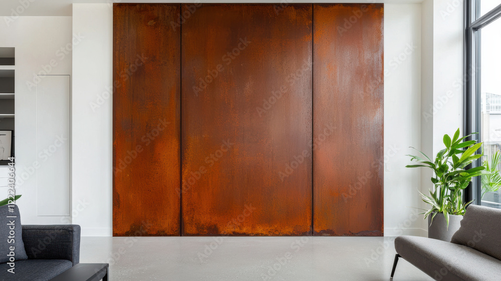 Fototapeta premium The Artistic Beauty of Rust in Sculptures and Decor Themed, Modern interior with large rusted metal panel, creating unique atmosphere
