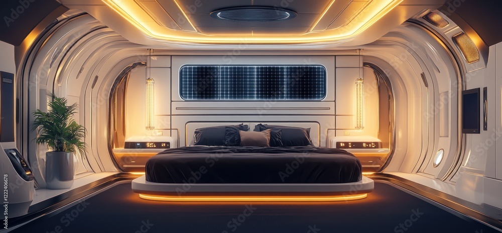 Fototapeta premium Futuristic Bedroom Design: A spaceship-like interior with sleek lines, ambient lighting, and modern technology