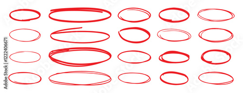 red pen hand drawn doodle marks, red circle and oval stroke set. Outline red drawing line clipart symbol