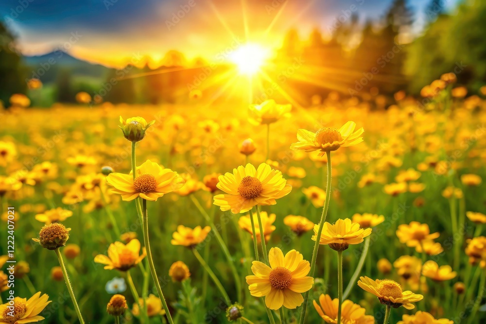 Fototapeta premium A sun-drenched meadow explodes with yellow wildflowers at golden hour; a captivating landscape.