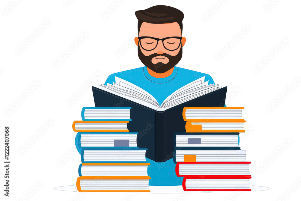 Concentration study idea. A focused man reading a book surrounded by stacks of colorful books. Concentration study idea. A focused man reading a book surrounded by stacks of colorful books.