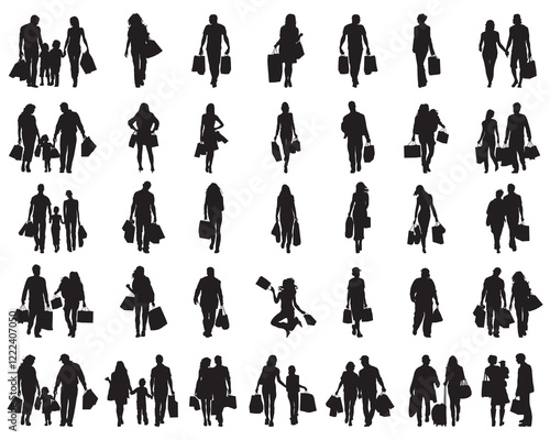 Black silhouettes of shoppers on a white background	