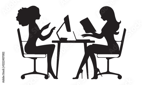 Silhouette of two women working at a desk, one on a laptop, the other reading a book