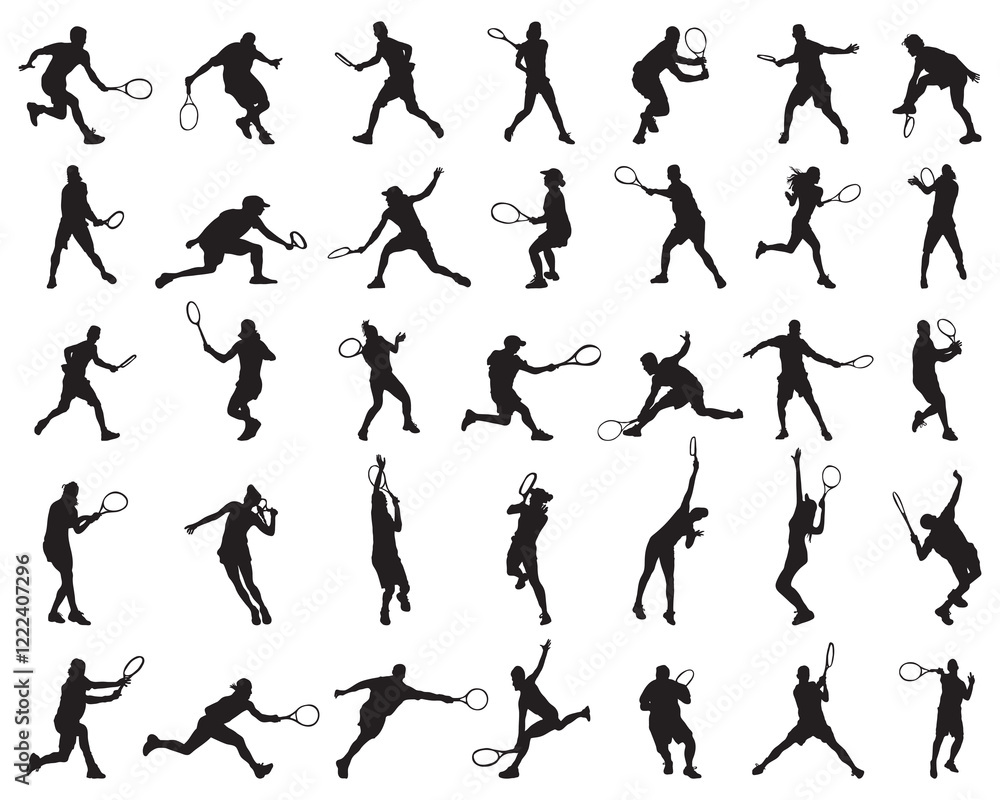 Black silhouettes of tennis players on white background Black silhouettes of tennis players on white background
