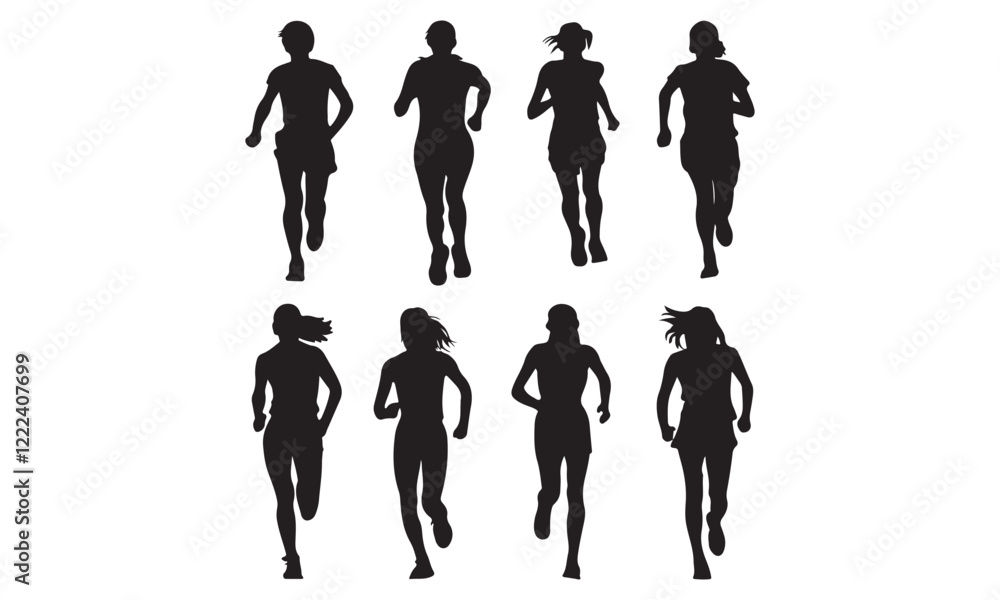 Collection of black silhouettes depicting women running in various athletic poses. Collection of black silhouettes depicting women running in various athletic poses.