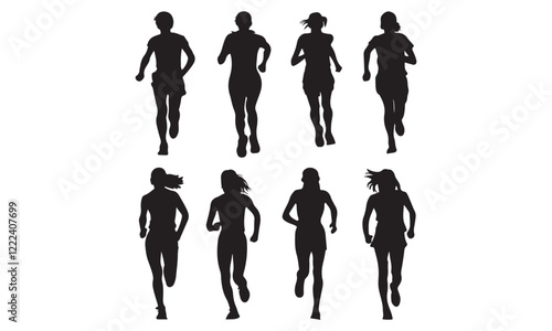 Collection of black silhouettes depicting women running in various athletic poses.