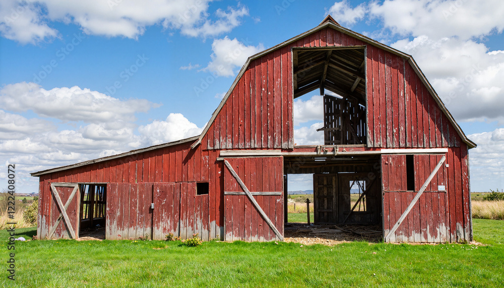 Fractured red barn with open windows, rustic abandonment Fractured red barn with open windows, rustic abandonment