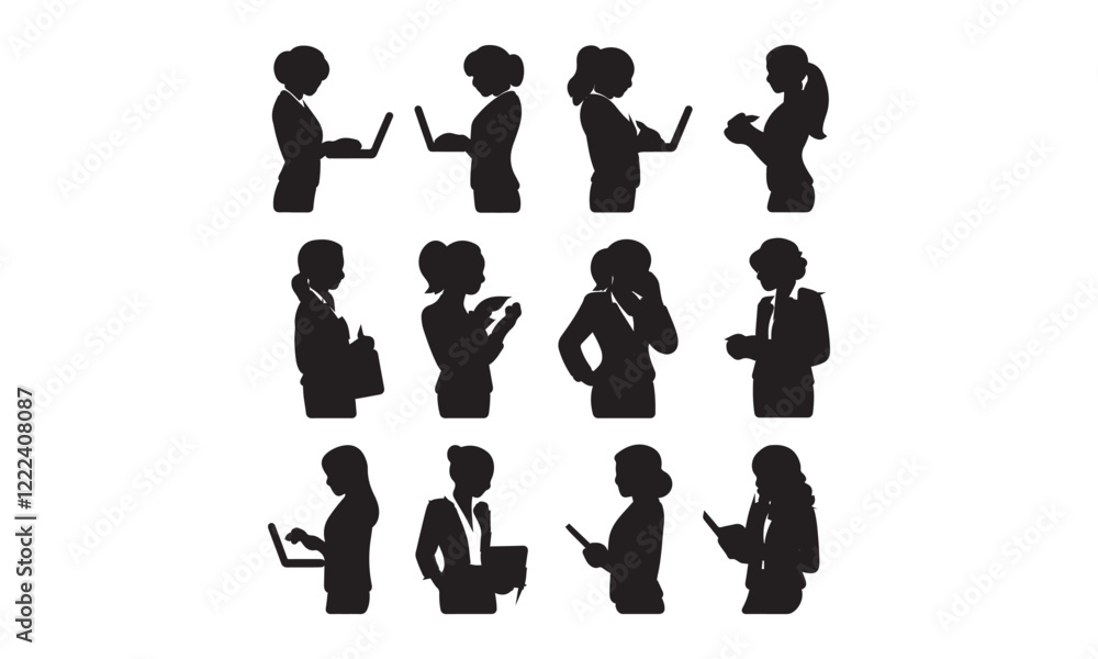 Set of black silhouettes of women in business attire using laptops and mobile devices Set of black silhouettes of women in business attire using laptops and mobile devices