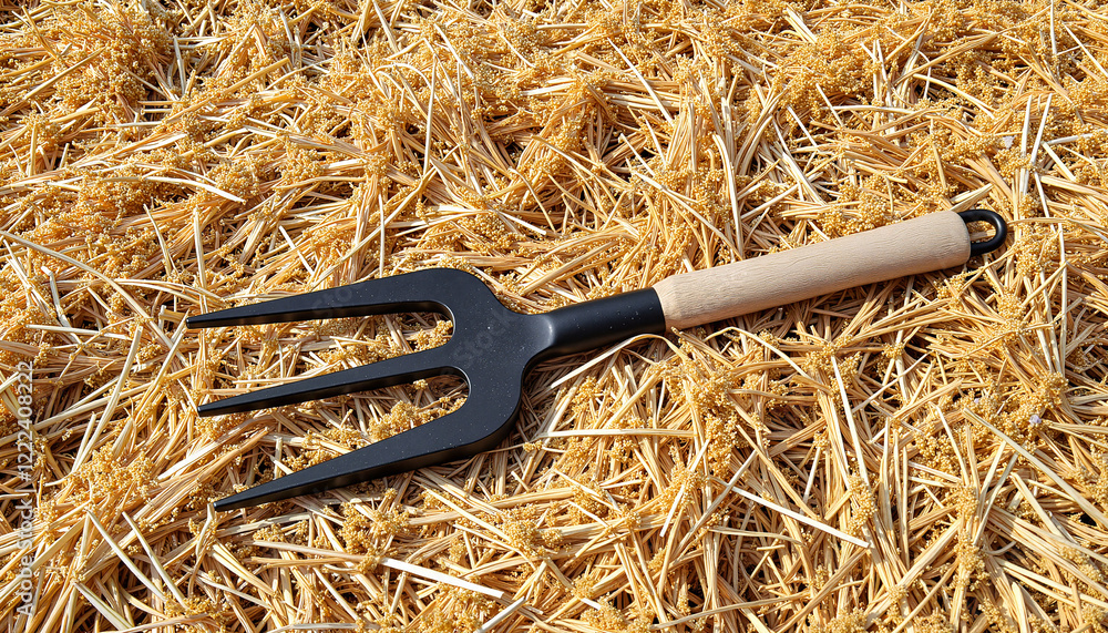 Obraz premium Bent pitchfork tines resting on straw, agricultural tools symbolism