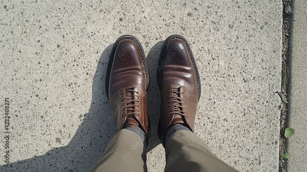 A mans brown formal shoes stepping forward on a textured concrete path, representing work, ambition, and progress in business A mans brown formal shoes stepping forward on a textured concrete path, representing work, ambition, and progress in business