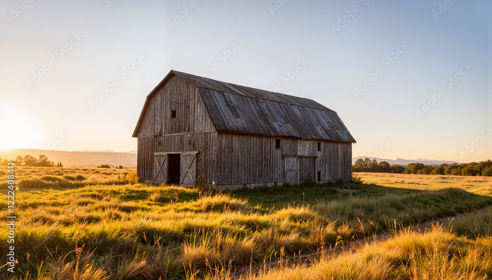 Abandoned barn in peaceful countryside at sunset, rural tranquility Abandoned barn in peaceful countryside at sunset, rural tranquility
