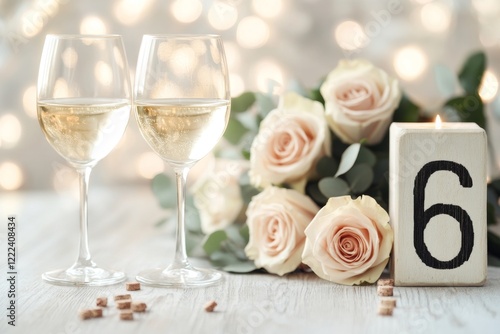 A romantic candlelit dinner scene with two glasses of wine, a bouquet of roses on the table, and a couple laughing softly photo