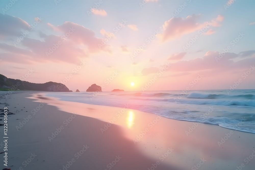 A beach during sunrise, with soft pastel colors spreading across the sky and water. A beach during sunrise, with soft pastel colors spreading across the sky and water.