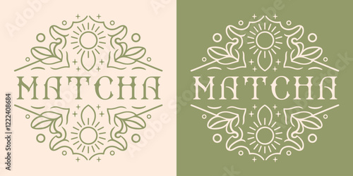 Matcha tea logo green organic natural aesthetic round  circular sticker badge label shirt design packaging. Healthy girl product flavor drink latte lover printable vector cut file for gift decor.