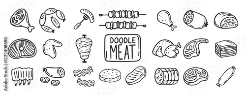 meat, pieces of meat and meat products doodle hand drawn icon set. Outline drawing meat products line clipart symbol collection