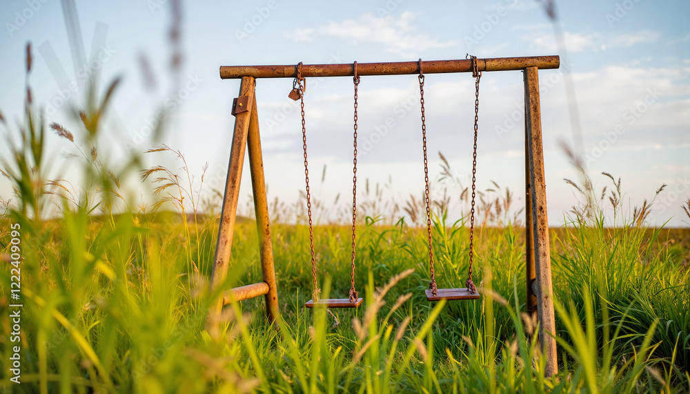 Rusted swingset in tall grass under blue sky, nostalgic childhood memories Rusted swingset in tall grass under blue sky, nostalgic childhood memories