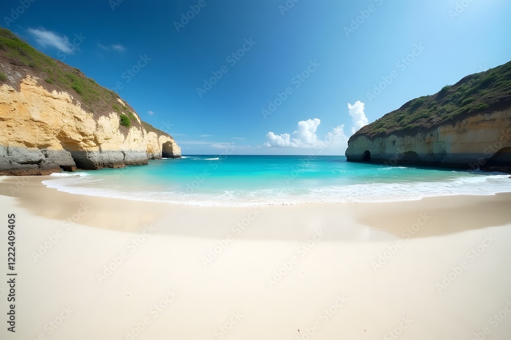 Fototapeta premium A deserted beach with fine white sand, turquoise water, and surrounding cliffs.
