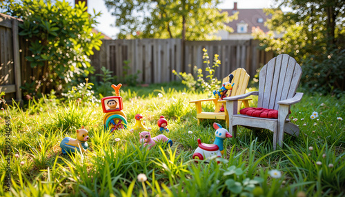 Forgotten toys scattered in weedy garden on bright morning, nostalgia