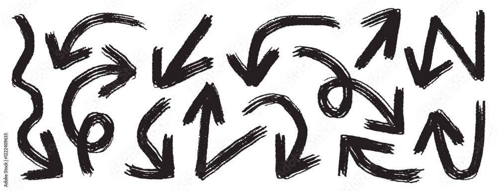 bold brush arrows set. marker hand drawn arrows collection, doodle thick arrows different directions.