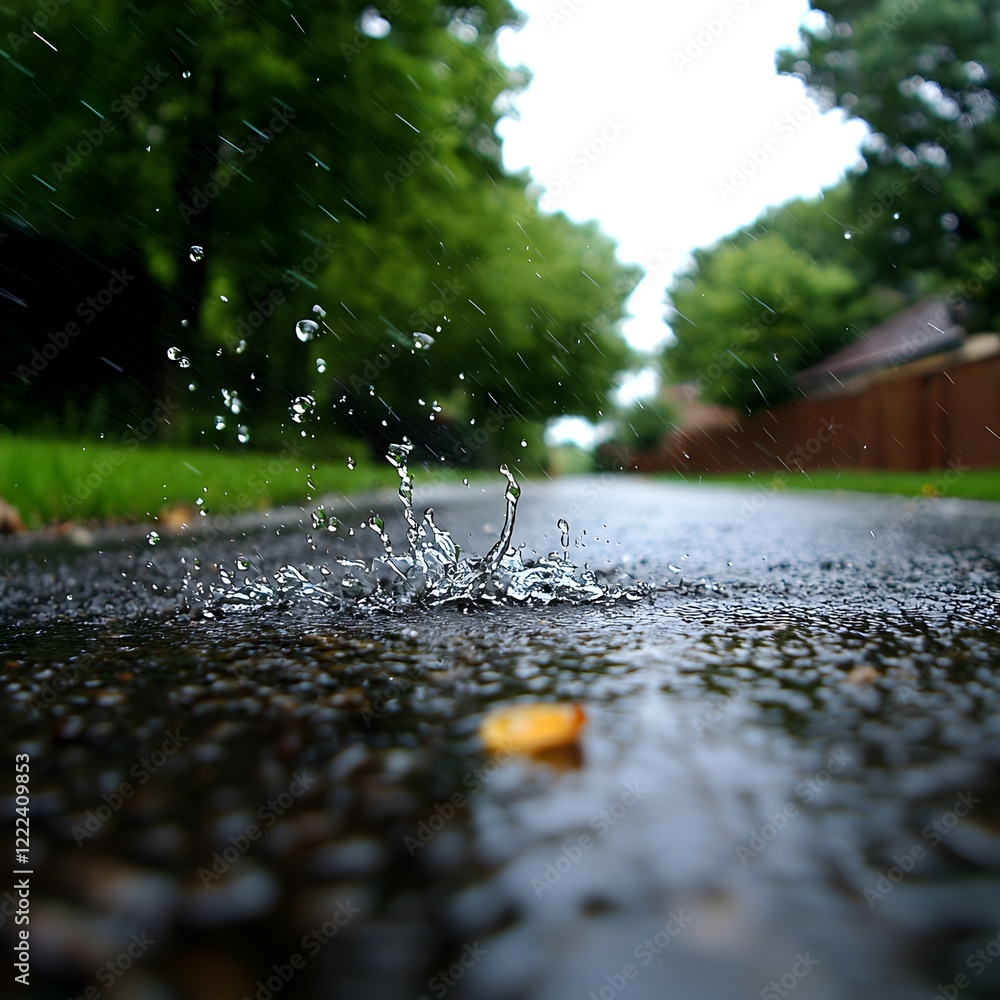 Fototapeta premium Raindrops Splashing on Wet Asphalt Road in a Lush Green Setting