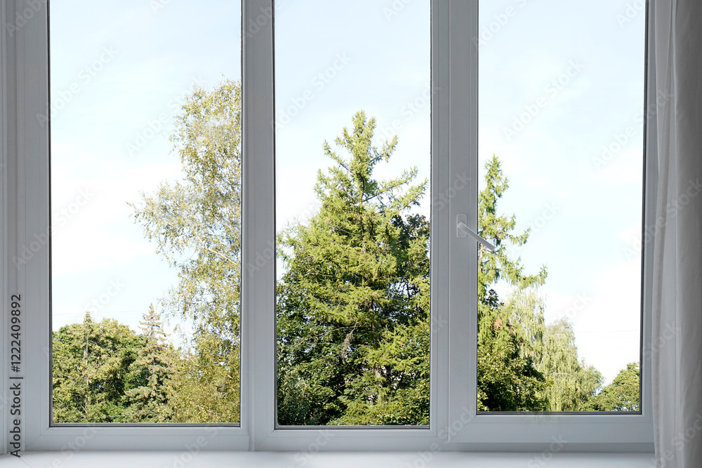 Naklejka premium View from the window on the garden green trees.