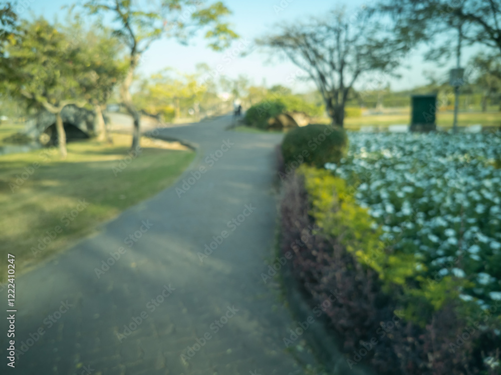 Fototapeta premium Blurred view of a park, pond, trees, cloudless sky and a walkway in the morning