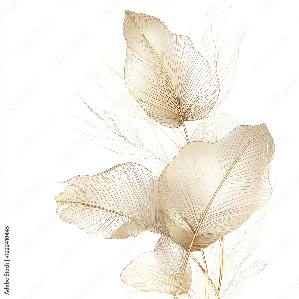 Elegant gold leaves, botanical art, white background, home decor Elegant gold leaves, botanical art, white background, home decor