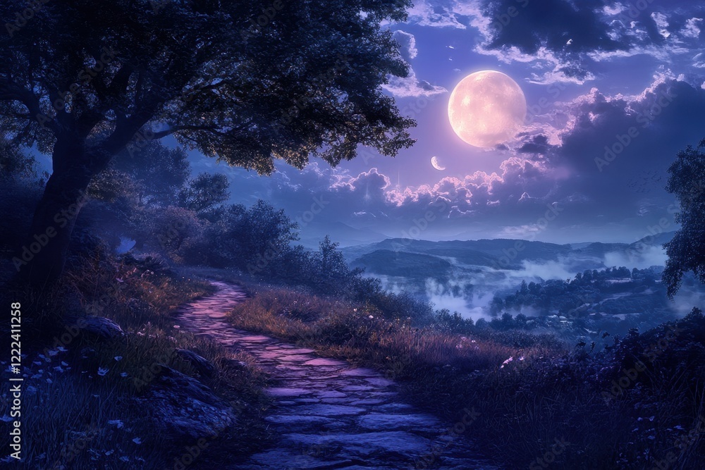 A moonlit forest with a path leading to a tree