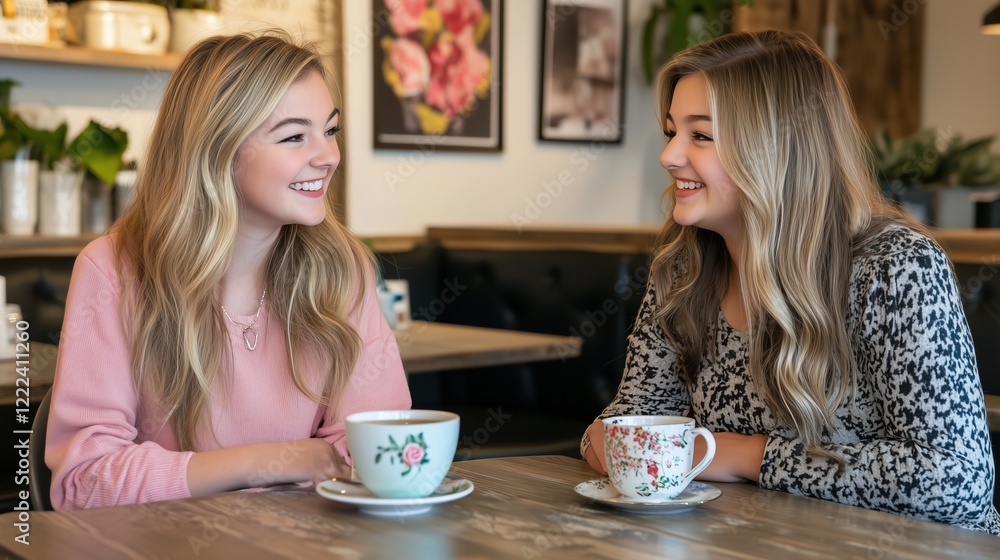 Mother and teen daughter bonding over tea in a warm cafe with a relaxed atmosphere. AI generated Mother and teen daughter bonding over tea in a warm cafe with a relaxed atmosphere. AI generated