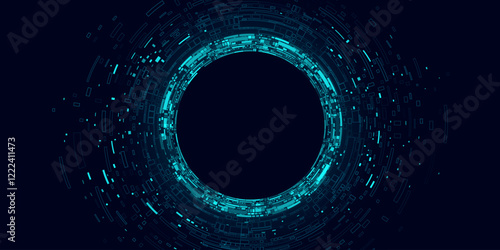 Big data visualization into cyberspace. Digital circles of random web fragments. Information particles in a neural network. Futuristic banner. Vector illustration. EPS 10