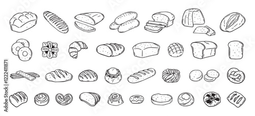 Bread different types hand drawn doodle outline icon set. Bread engraving, line art. Wheat products, baked goods, bakery