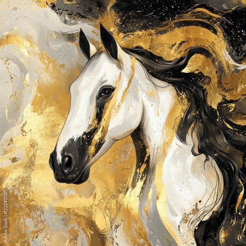 Elegant white horse portrait, gold marble background, art print