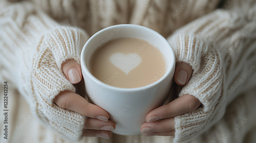 Warmth in Winter: A pair of hands, adorned with cozy knitted gloves, cradles a steaming mug of coffee, the heart-shaped latte art a testament to the simple pleasures of winter. Warmth in Winter: A pair of hands, adorned with cozy knitted gloves, cradles a steaming mug of coffee, the heart-shaped latte art a testament to the simple pleasures of winter.