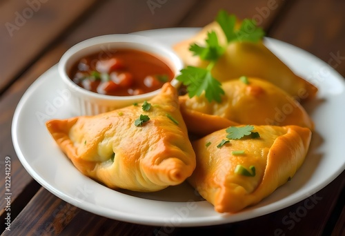 A Traditional Indian Samosa, Deep-fried Pastry Filled With Spiced Potatoes And Peas, Served With Tamarind Chutney