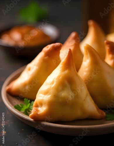A Traditional Indian Samosa, Deep-fried Pastry Filled With Spiced Potatoes And Peas, Served With Tamarind Chutney